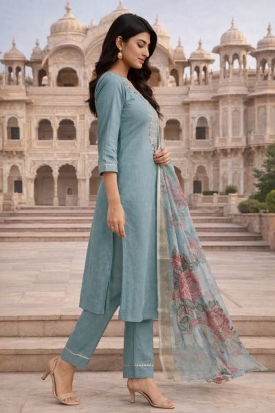 Aqua Green Heavy Roman Silk Suit Set with Embroidery Work for Festive Wear Embroidery Kurtis 