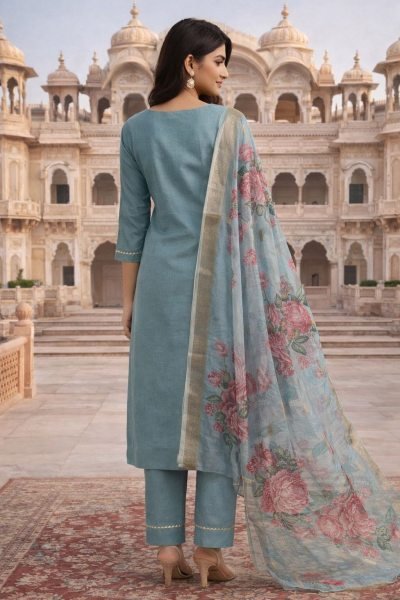 Aqua Green Heavy Roman Silk Suit Set with Embroidery Work for Festive Wear Embroidery Kurtis 