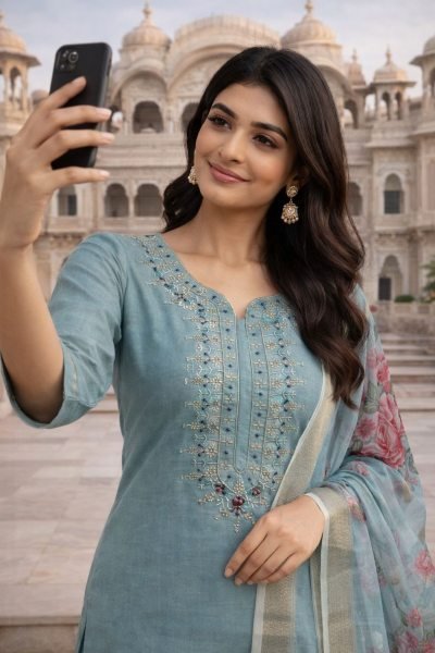 Aqua Green Heavy Roman Silk Suit Set with Embroidery Work for Festive Wear Embroidery Kurtis 