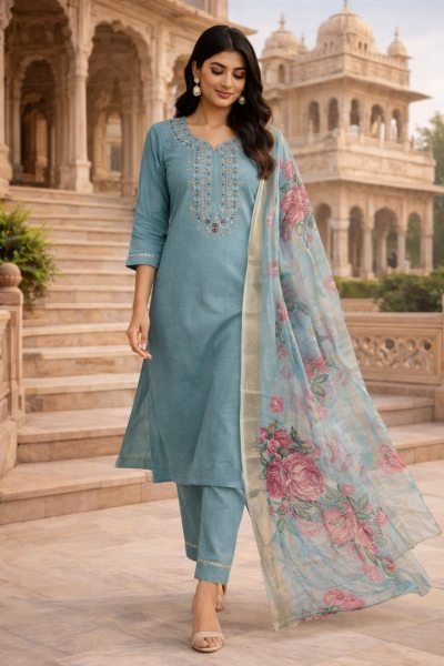 Aqua Green Heavy Roman Silk Suit Set with Embroidery Work for Festive Wear Embroidery Kurtis 