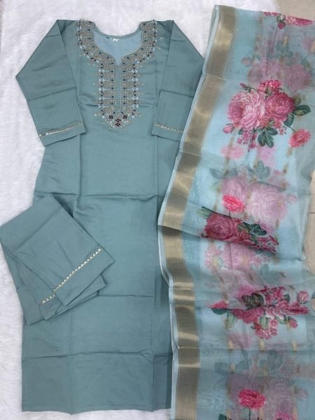 Aqua Green Heavy Roman Silk Suit Set with Embroidery Work for Festive Wear Embroidery Kurtis 