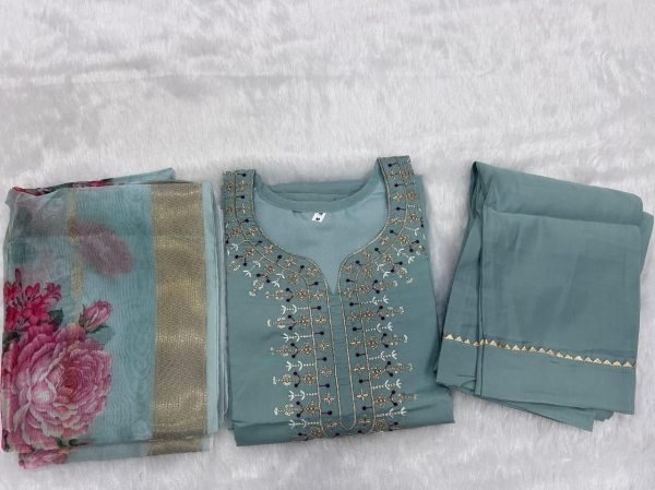 Aqua Green Heavy Roman Silk Suit Set with Embroidery Work for Festive Wear Embroidery Kurtis 