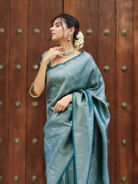 Aqua Mist Banarasi Soft Silk Saree with Rich Weaving Stylish Pick for Festive Gifting  Sarees 
