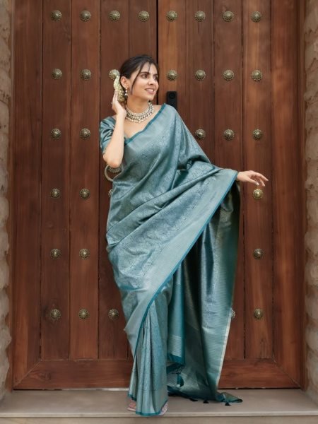 Aqua Mist Banarasi Soft Silk Saree with Rich Weaving Stylish Pick for Festive Gifting  Banarasi Saree Wholesale