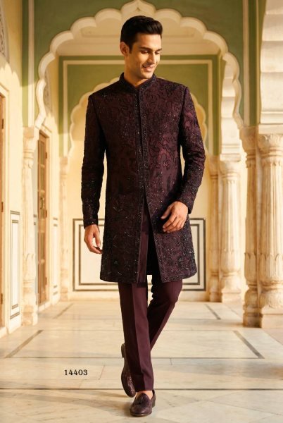 Armani Indo Western Sherwani Style Suit with Beads Embroidery For Wedding Kurta Pajama Wholesale
