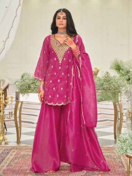 Artisan PinkNatural Silk Embroidered Top with Sequence Work Sharara and Designer Dupatta Ready To Wear Suit