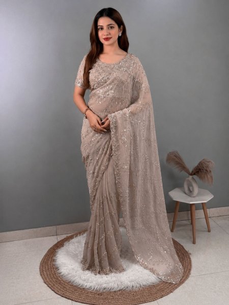 Artisanal Beige NC Glass Simmer Saree with Heavy Beads Sequins Work for Wedding Wear Sarees 