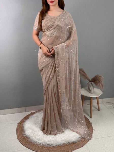 Artisanal Beige NC Glass Simmer Saree with Heavy Beads Sequins Work for Wedding Wear Designer Wedding Sarees Wholesale