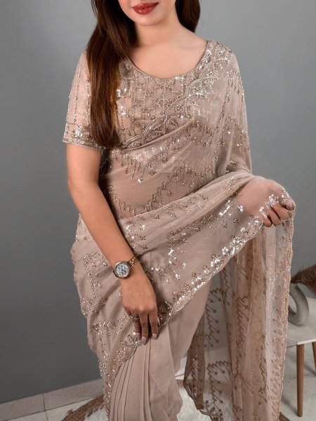 Artisanal Beige NC Glass Simmer Saree with Heavy Beads Sequins Work for Wedding Wear Designer Wedding Sarees Wholesale