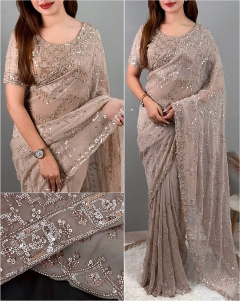 Artisanal Beige NC Glass Simmer Saree with Heavy Beads Sequins Work for Wedding Wear Designer Wedding Sarees Wholesale