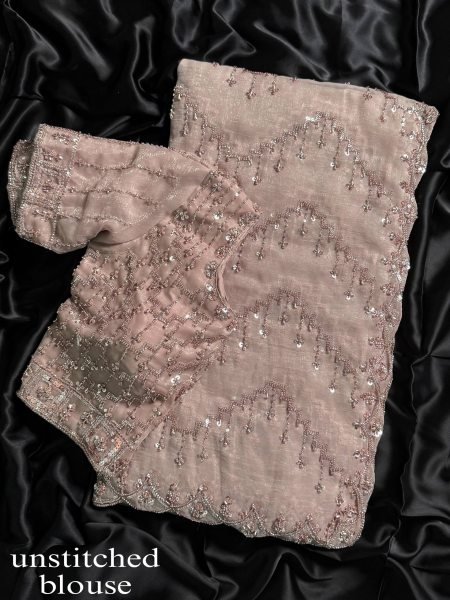 Artisanal Beige NC Glass Simmer Saree with Heavy Beads Sequins Work for Wedding Wear Designer Wedding Sarees Wholesale