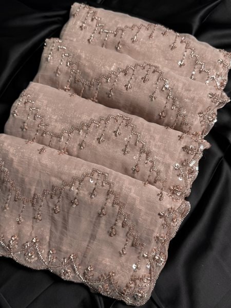 Artisanal Beige NC Glass Simmer Saree with Heavy Beads Sequins Work for Wedding Wear Designer Wedding Sarees Wholesale
