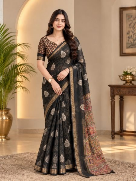 Artisanal Black Cotton Jacquard Saree with Batik Print for Wedding Wear Sarees 