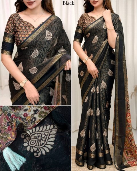 Artisanal Black Cotton Jacquard Saree with Batik Print for Wedding Wear Printed Cotton Sarees Wholesale