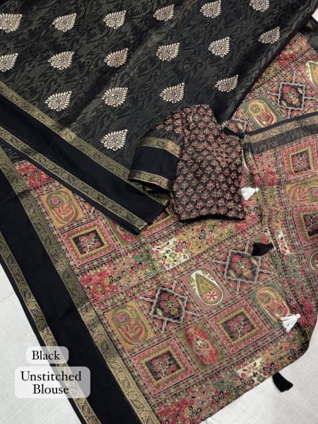 Artisanal Black Cotton Jacquard Saree with Batik Print for Wedding Wear Printed Cotton Sarees Wholesale