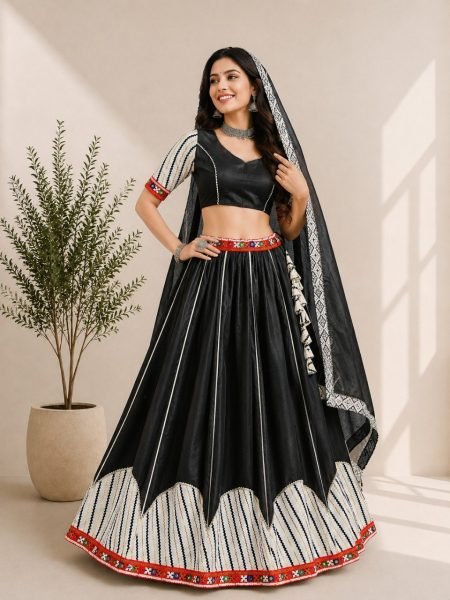 Artisanal Black Cotton Silk Gamthi Work Lehenga Choli with Mirror Work and Lace Navratri Lehnega Choli