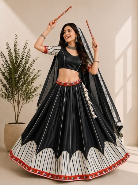 Artisanal Black Cotton Silk Gamthi Work Lehenga Choli with Mirror Work and Lace Navratri Lehnega Choli