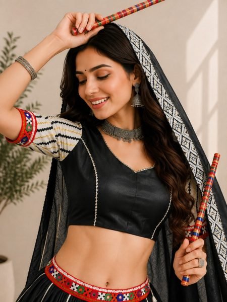 Artisanal Black Cotton Silk Gamthi Work Lehenga Choli with Mirror Work and Lace Navratri Lehnega Choli
