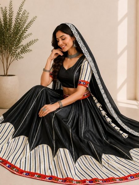 Artisanal Black Cotton Silk Gamthi Work Lehenga Choli with Mirror Work and Lace Navratri Lehnega Choli