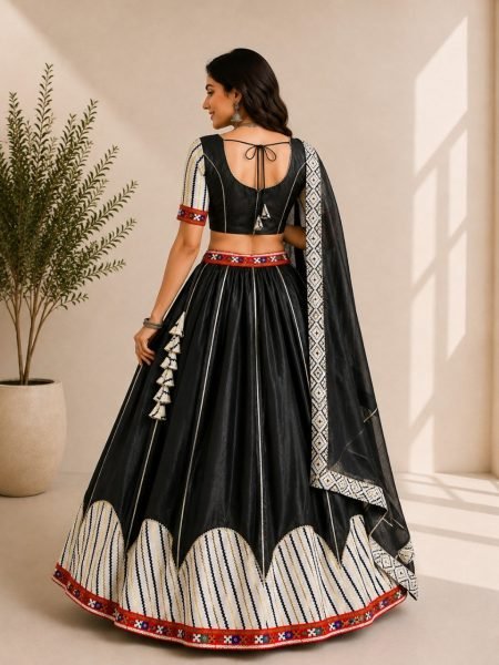 Artisanal Black Cotton Silk Gamthi Work Lehenga Choli with Mirror Work and Lace Navratri Lehnega Choli