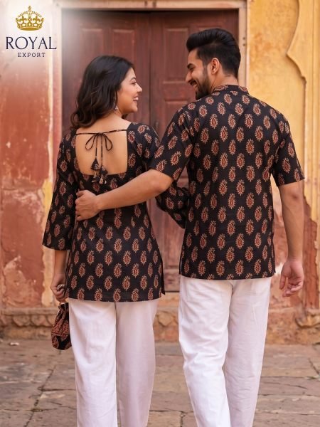 Artisanal Black Designer Matching Couple Outfits for Diwali Festival Couple Combo collection 