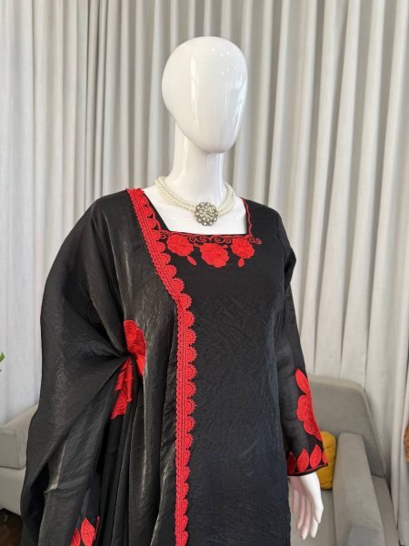 Artisanal Black Red Party Wear Fendy Silk Top Palazzo Set with Thread Sequin Work Ready To Wear Collection
