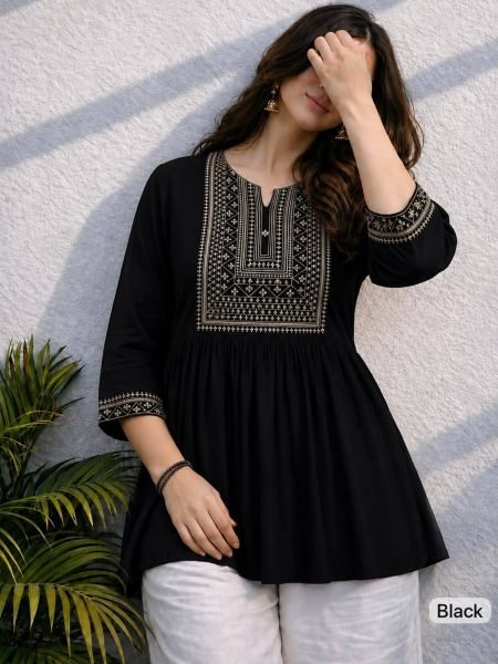Artisanal Black Women's Short Tunic with Designer Embroidery and Beads For Daily Wear Kurtis