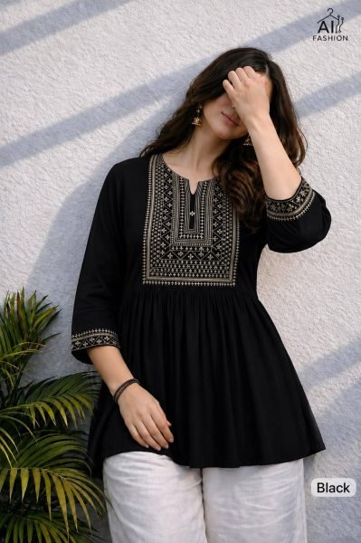 Artisanal Black Women's Short Tunic with Designer Embroidery and Beads For Daily Wear Tunics kurti