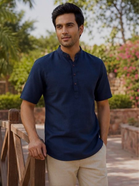 Artisanal Blue Khadi Linen Half Sleeve Short Kurta for Men Casual and Festive Wear 