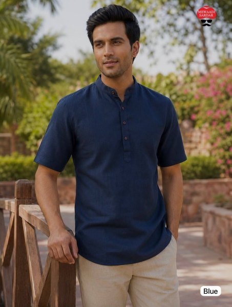 Artisanal Blue Khadi Linen Half Sleeve Short Kurta for Men Casual and Festive Wear Mens Shirt