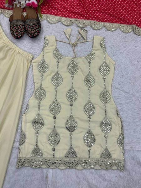 Artisanal Cream Designer Natural Crepe Silk Suit with Heavy Sequence Embroidery Ready To Wear Collection