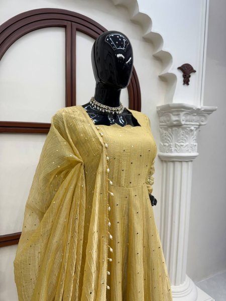 Artisanal Golden Designer Salsa Silk Gown Set with Foil Work  Pant and Lace Dupatta For Wedding Ready To Wear Collection