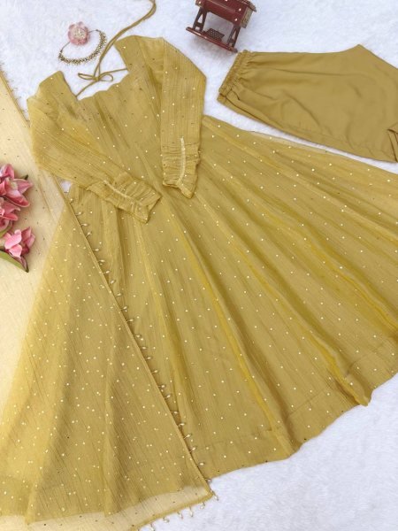 Artisanal Golden Designer Salsa Silk Gown Set with Foil Work  Pant and Lace Dupatta For Wedding Ready To Wear Collection