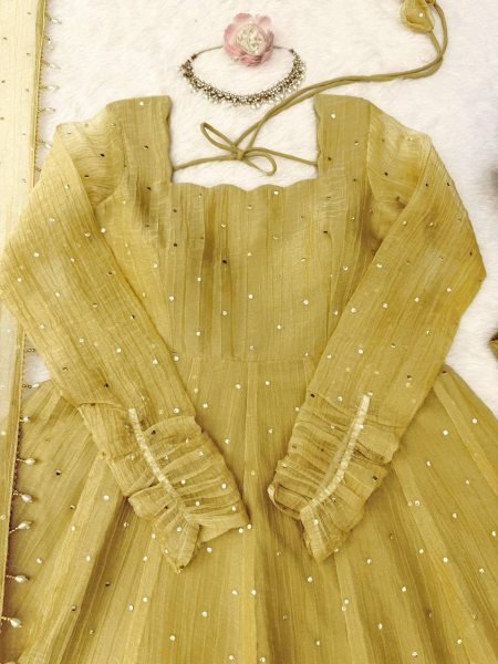 Artisanal Golden Designer Salsa Silk Gown Set with Foil Work  Pant and Lace Dupatta For Wedding Ready To Wear Collection