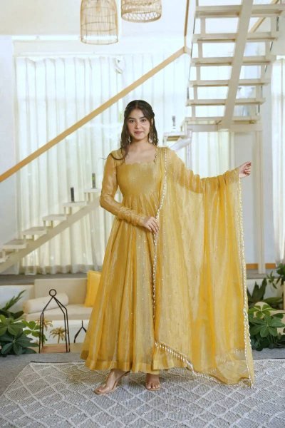 Artisanal Golden Designer Salsa Silk Gown Set with Foil Work  Pant and Lace Dupatta For Wedding Ready To Wear Collection