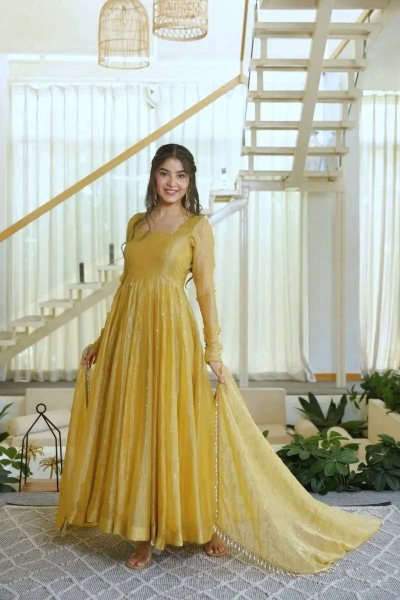 Artisanal Golden Designer Salsa Silk Gown Set with Foil Work  Pant and Lace Dupatta For Wedding Ready To Wear Collection
