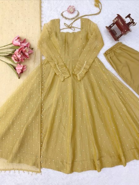 Artisanal Golden Designer Salsa Silk Gown Set with Foil Work  Pant and Lace Dupatta For Wedding Ready To Wear Collection