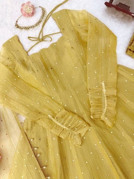 Artisanal Golden Designer Salsa Silk Gown Set with Foil Work  Pant and Lace Dupatta For Wedding Ready To Wear Collection