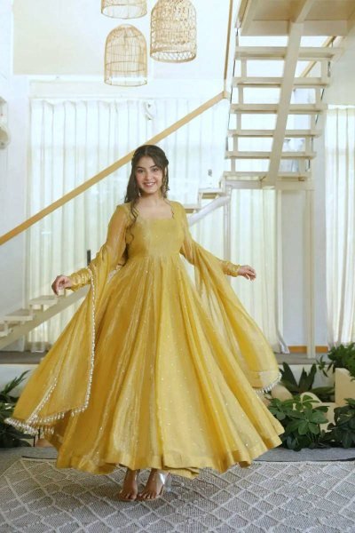 Artisanal Golden Designer Salsa Silk Gown Set with Foil Work  Pant and Lace Dupatta For Wedding Ready To Wear Collection