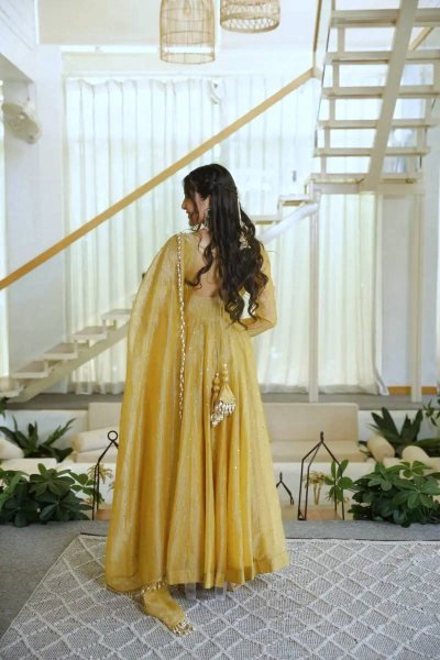 Artisanal Golden Designer Salsa Silk Gown Set with Foil Work  Pant and Lace Dupatta For Wedding Ready To Wear Collection