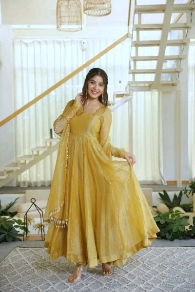 Artisanal Golden Designer Salsa Silk Gown Set with Foil Work  Pant and Lace Dupatta For Wedding Ready To Wear Collection
