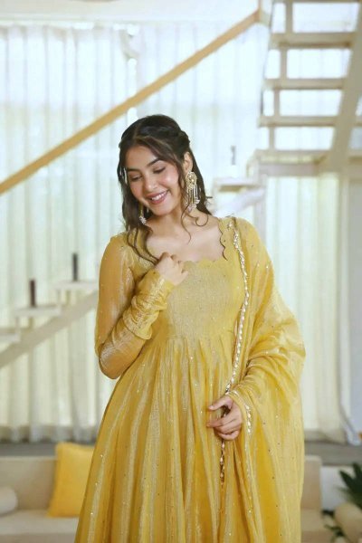 Artisanal Golden Designer Salsa Silk Gown Set with Foil Work  Pant and Lace Dupatta For Wedding Ready To Wear Collection