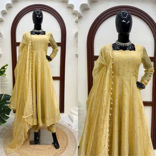 Artisanal Golden Designer Salsa Silk Gown Set with Foil Work  Pant and Lace Dupatta For Wedding Ready To Wear Collection