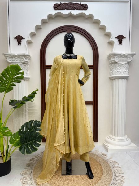 Artisanal Golden Designer Salsa Silk Gown Set with Foil Work  Pant and Lace Dupatta For Wedding Ready To Wear Collection