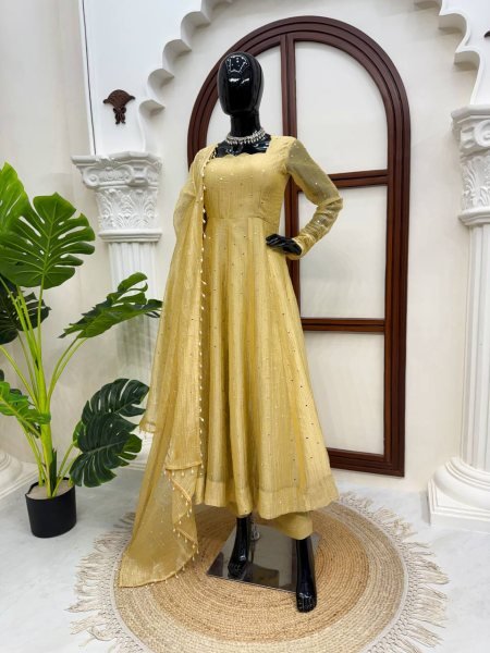Artisanal Golden Designer Salsa Silk Gown Set with Foil Work  Pant and Lace Dupatta For Wedding Ready To Wear Collection