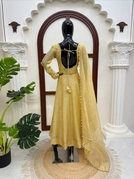 Artisanal Golden Designer Salsa Silk Gown Set with Foil Work  Pant and Lace Dupatta For Wedding Ready To Wear Collection