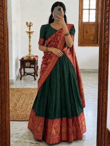 Artisanal Green Heavy Lichi Silk Lehenga Choli with Jacquard Zari Border and Banarasi Dupatta 