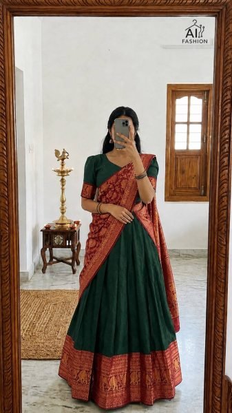 Artisanal Green Heavy Lichi Silk Lehenga Choli with Jacquard Zari Border and Banarasi Dupatta Half Saree Lehenga