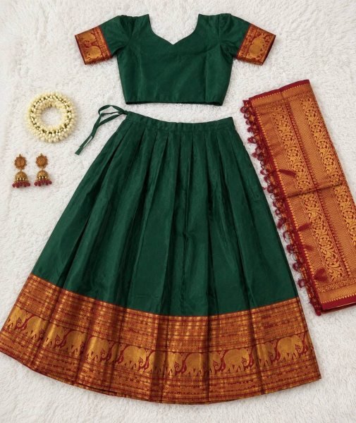 Artisanal Green Heavy Lichi Silk Lehenga Choli with Jacquard Zari Border and Banarasi Dupatta Half Saree Lehenga