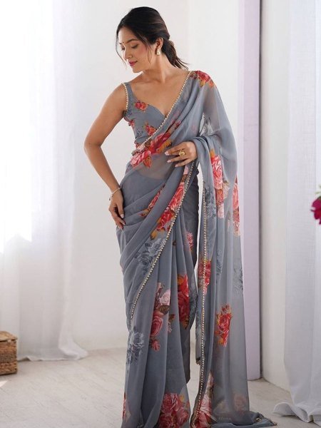 Artisanal Grey Designer Georgette Saree with Stylish Embroidery and Pearl Border Work Printed Cotton Sarees Wholesale